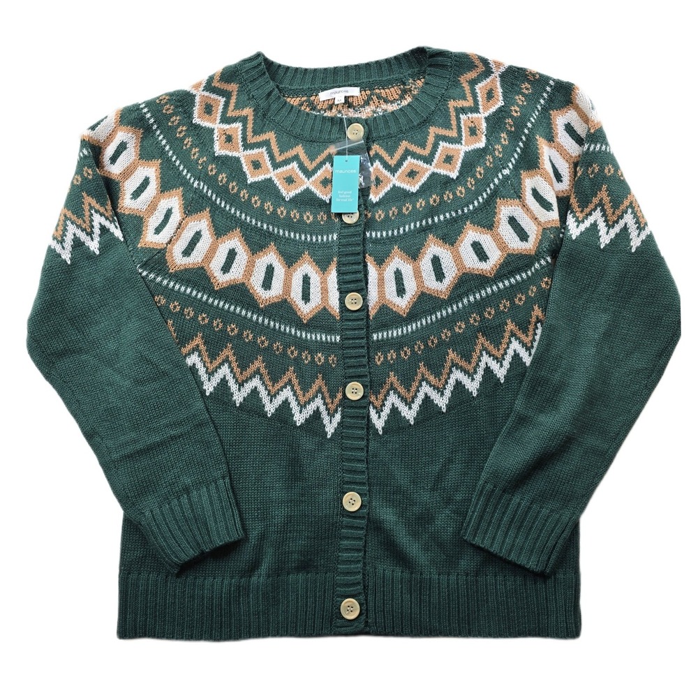 Maurices Fair Isle‎ Cardigan Sweater Womens Medium Green Geometric Knit NEW